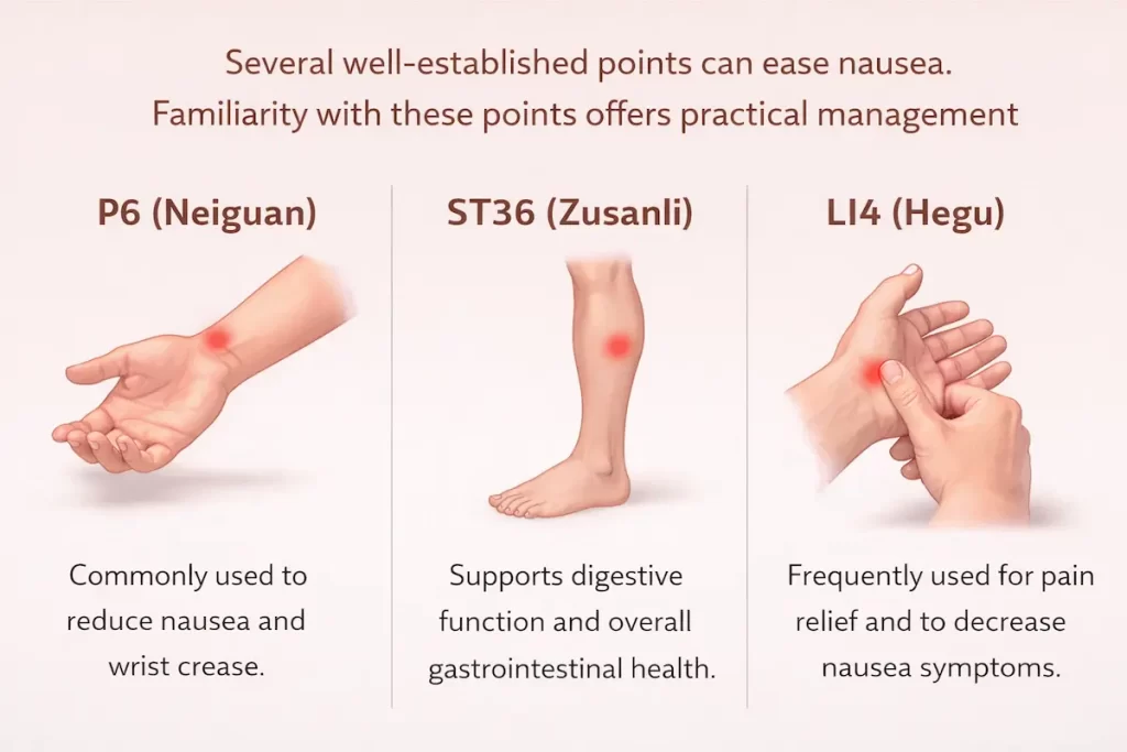 An educational infographic showing the location of P6 (Neiguan), ST36 (Zusanli), and LI4 (Hegu) acupressure points for easing nausea and supporting digestive health.