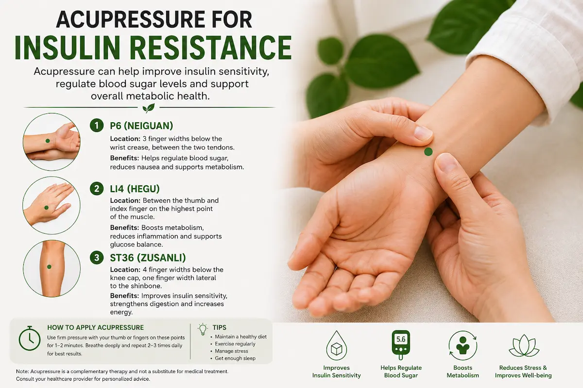 Infographic showing acupressure points for insulin resistance with wrist pressure techniques to support blood sugar balance, metabolism, and insulin sensitivity naturally.