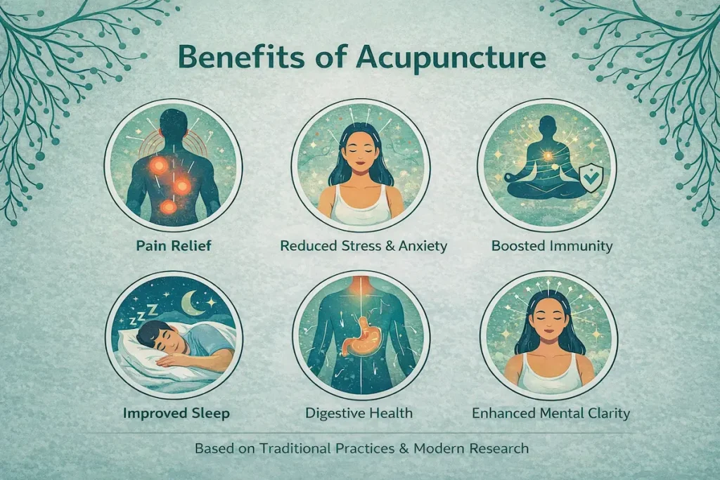 Acupuncture Benefits for a Balanced Life in East Setauket — Lasting Relief and Renewed Vitality 12 infographic showing acupuncture benefits including pain relief, reduced stress and anxiety, boosted immunity, improved sleep, digestive health, and enhanced mental clarity