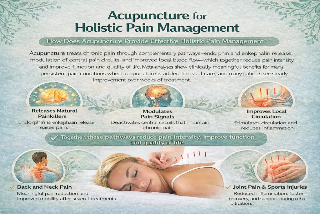 Infographic showing how acupuncture provides holistic pain management through endorphin release, pain signal modulation, improved circulation, and treatment of back pain, headaches, and joint injuries