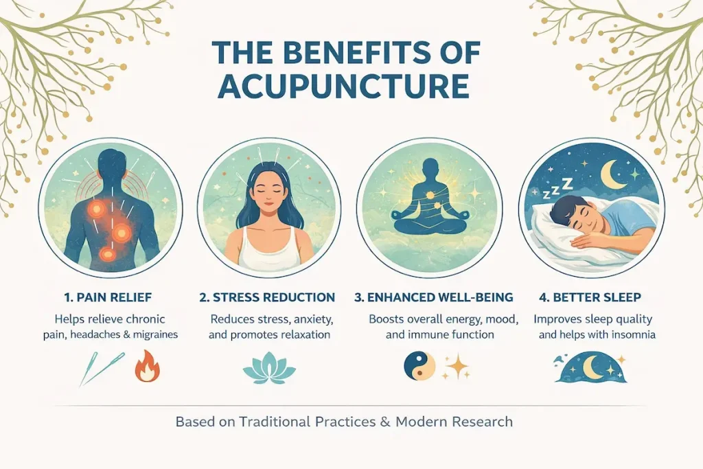 Acupuncture for Well‑Being: Supporting Health & Recovery in East Setauket 14 Infographic showing acupuncture for well being, highlighting benefits like pain relief, stress reduction, improved sleep, and enhanced overall health through traditional and modern techniques
