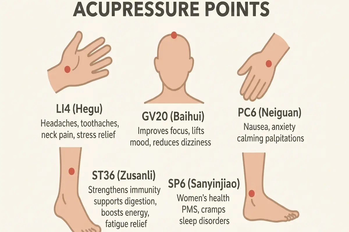 Illustrated guide showing common acupressure point locations for general self-care education, including LI4 (He Gu), GV20 (Bai Hui), PC6 (Nei Guan), ST36 (Zu San Li), and SP6 (San Yin Jiao)