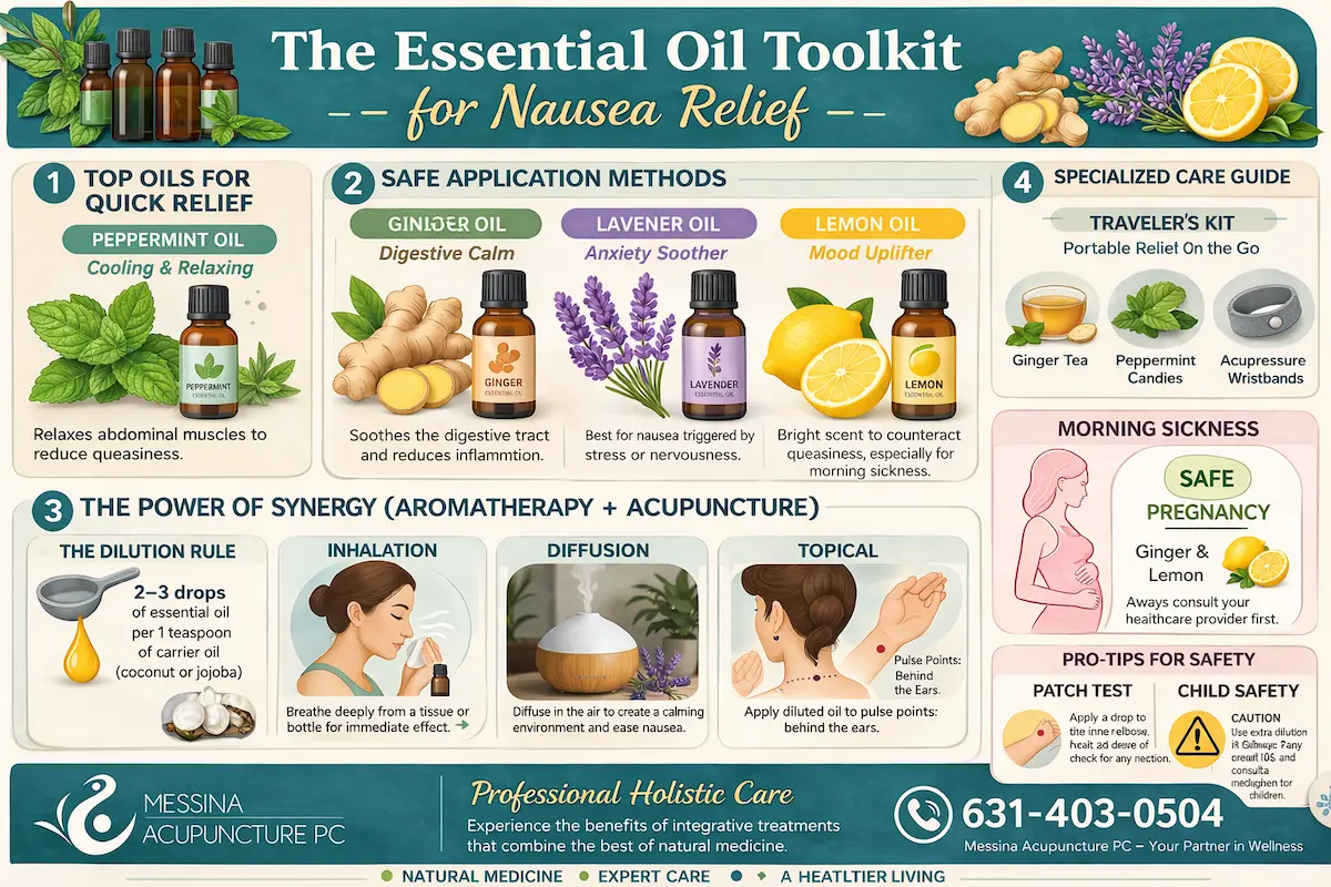 Infographic showing essential oils toolkit for nausea relief including peppermint, ginger, lavender and lemon oils, safe application methods, acupuncture synergy, and holistic care tips from Messina Acupuncture PC.