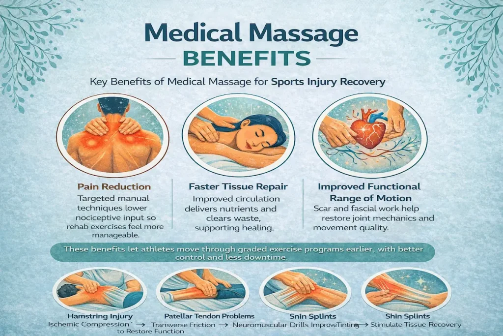 Medical Massage Benefits: Why athletes choose medical massage for faster recovery, clearer progress, and better performance 1 Infographic showing medical massage benefits including pain reduction, faster tissue repair, improved range of motion, and treatment approaches for sports injuries like hamstring strain, patellar tendon issues, and shin splints