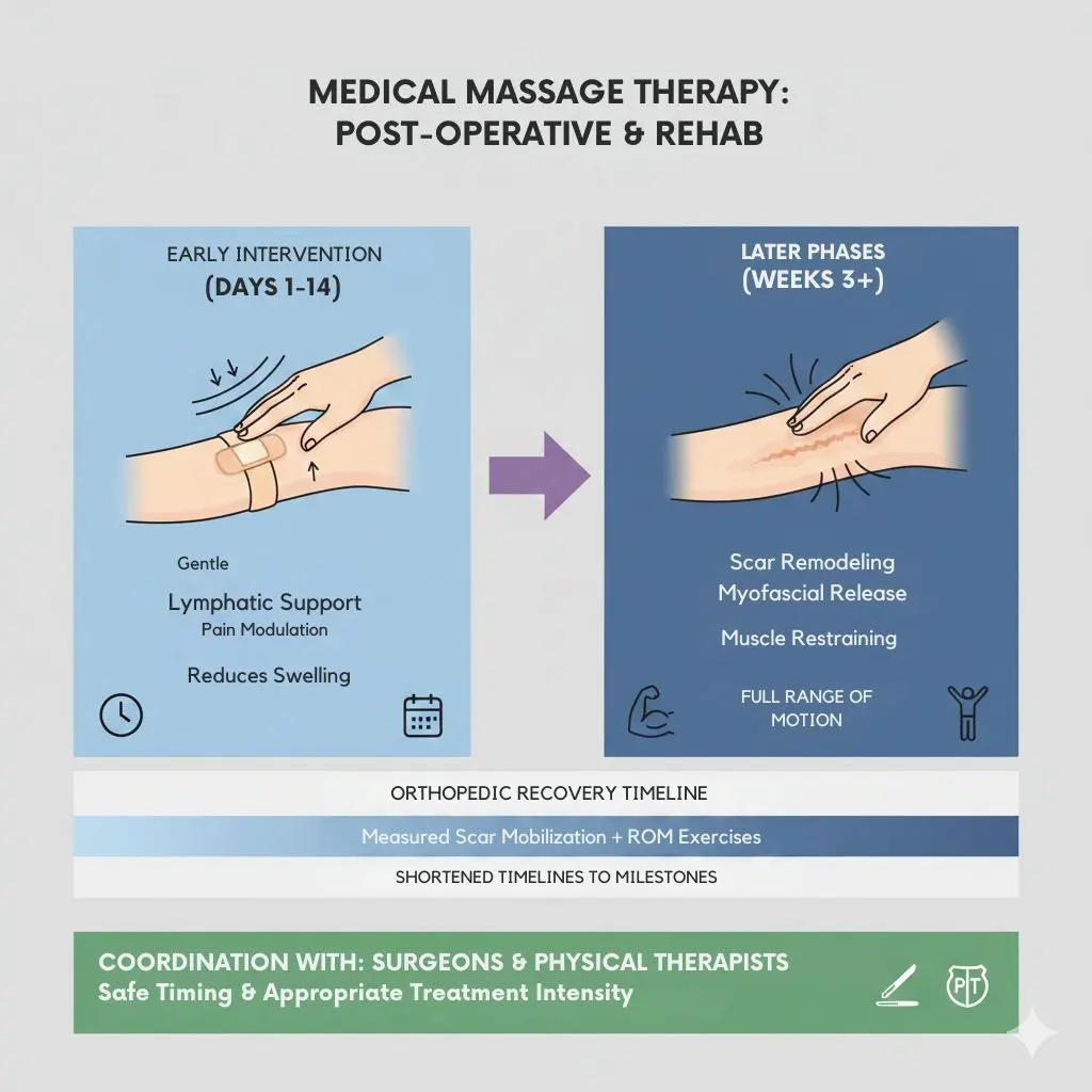 Medical Massage Therapy for post-operative rehab. It shows early intervention (Days 1-14) focusing on lymphatic support and swelling reduction, followed by later phases (Weeks 3+) focusing on scar remodeling and myofascial release.