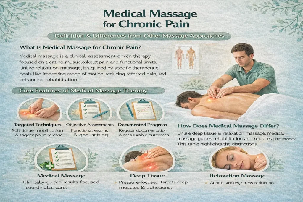 Medical Massage for Chronic Pain in Setauket — Practical Relief and Treatment Options 1 Infographic explaining medical massage for chronic pain, showing assessment-based therapy, targeted techniques, and comparison with deep tissue and relaxation massage approaches