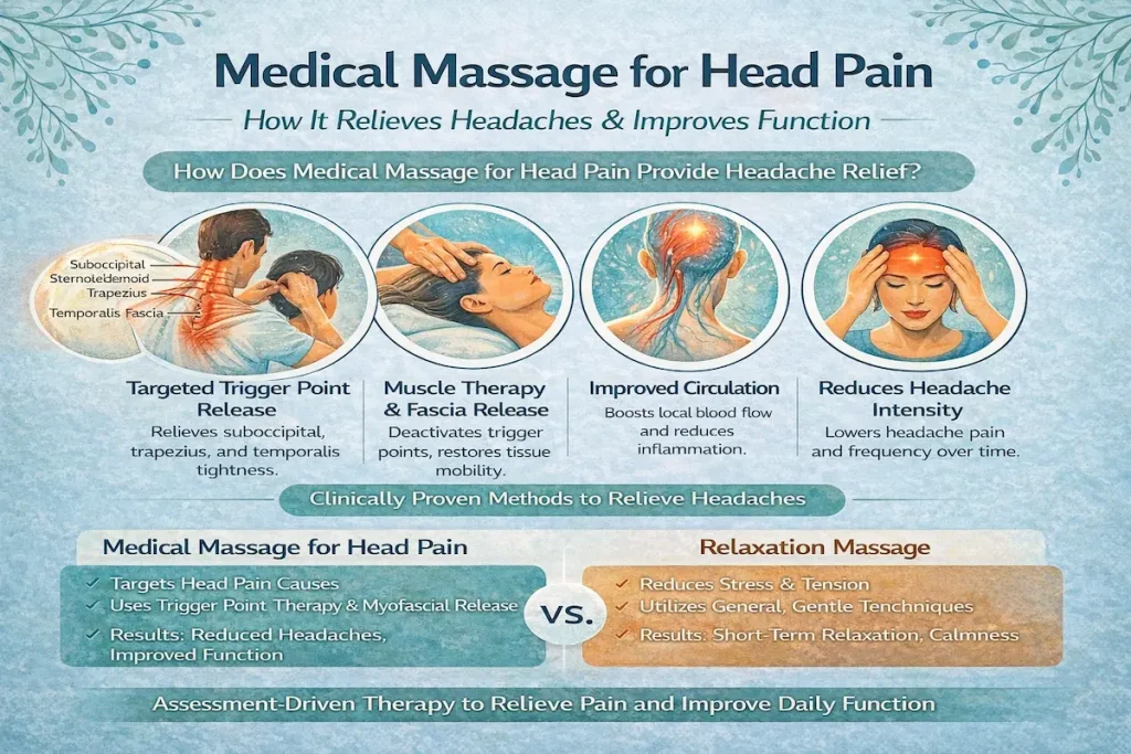 Medical Massage for Head Pain — What to Expect, How It Helps, and Lasting Benefits 1 Infographic showing how medical massage for head pain relieves headaches through trigger point release, muscle therapy, improved circulation, and comparison with relaxation massage techniques
