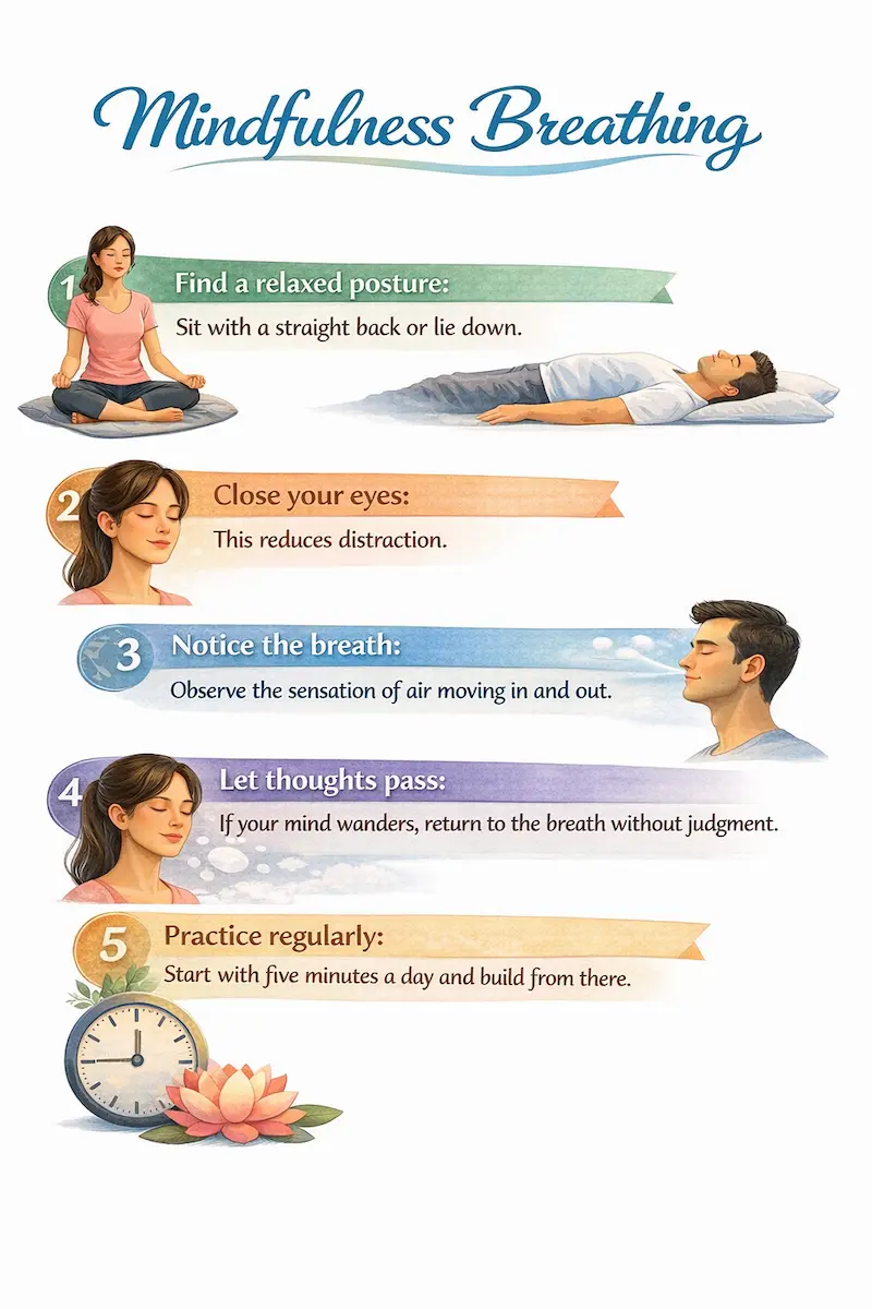 Illustration of mindfulness breathing exercises for nausea featuring five steps: relaxed posture, closing eyes, noticing the breath, letting thoughts pass, and regular practice.