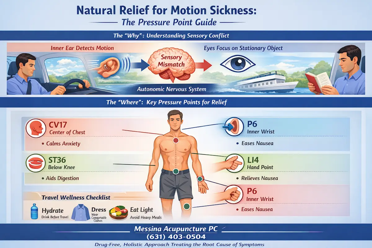 Infographic showing motion sickness relief using pressure points like P6, ST36, CV17, and LI4, with steps for acupressure and travel wellness tips