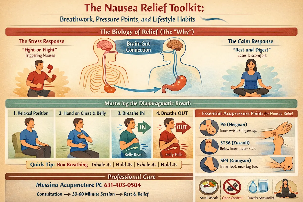 Infographic showing nausea relief techniques including diaphragmatic breathing steps, acupressure points (P6, ST36, SP4), natural remedies like ginger and peppermint, hydration tips, and daily habits to reduce nausea, with professional acupuncture contact information.