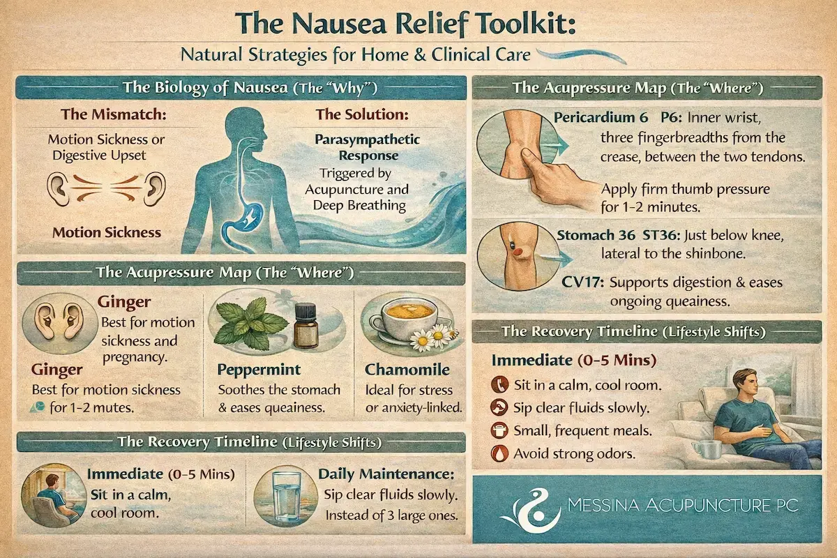 Infographic explaining natural nausea relief methods including gut-brain connection, acupressure points P6, ST36 and CV17, herbal remedies like ginger, peppermint and chamomile, and lifestyle tips for managing nausea at home.