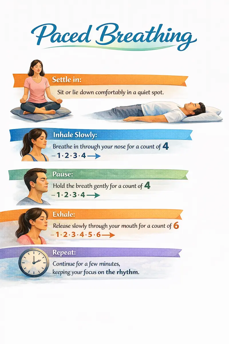 A step-by-step guide to paced breathing exercises for nausea, showing a 4-second inhale, 4-second pause, and 6-second exhale to calm the nervous system.