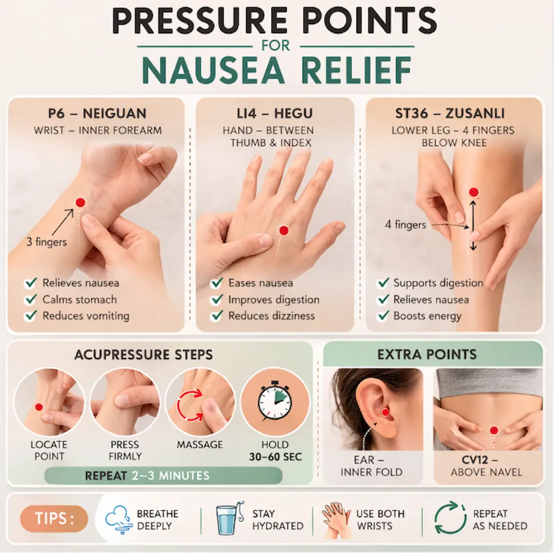 Infographic showing pressure points for nausea relief, including the P6 wrist point, LI4 hand point, and ST36 leg point with instructions on how to apply pressure.