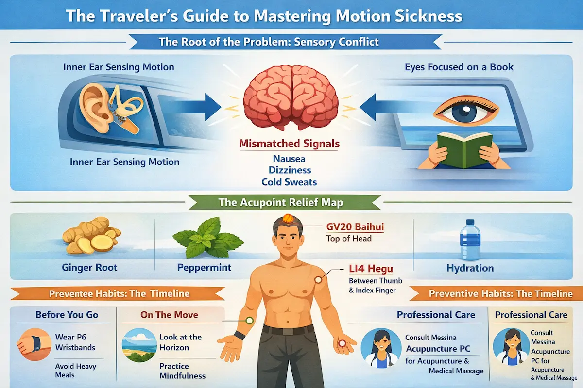 Top Motion Sickness Treatments for Travelers 1 Infographic explaining motion sickness with sections on sensory conflict between inner ear and eyes, acupressure points (P6, ST36, GV20, LI4), natural remedies like ginger and peppermint, and preventive travel tips including hydration, deep breathing, and looking at the horizon.