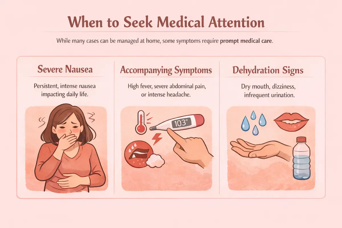 A medical infographic titled "When to Seek Medical Attention" detailing symptoms like severe nausea, high fever (103°F), and signs of dehydration such as dry mouth and dizziness.