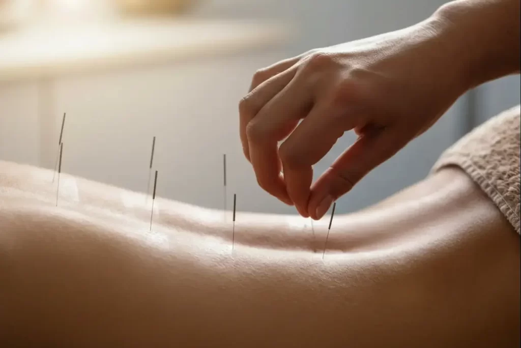 Patient receiving Acupuncture in East Setauket to manage lower back pain and muscle soreness.