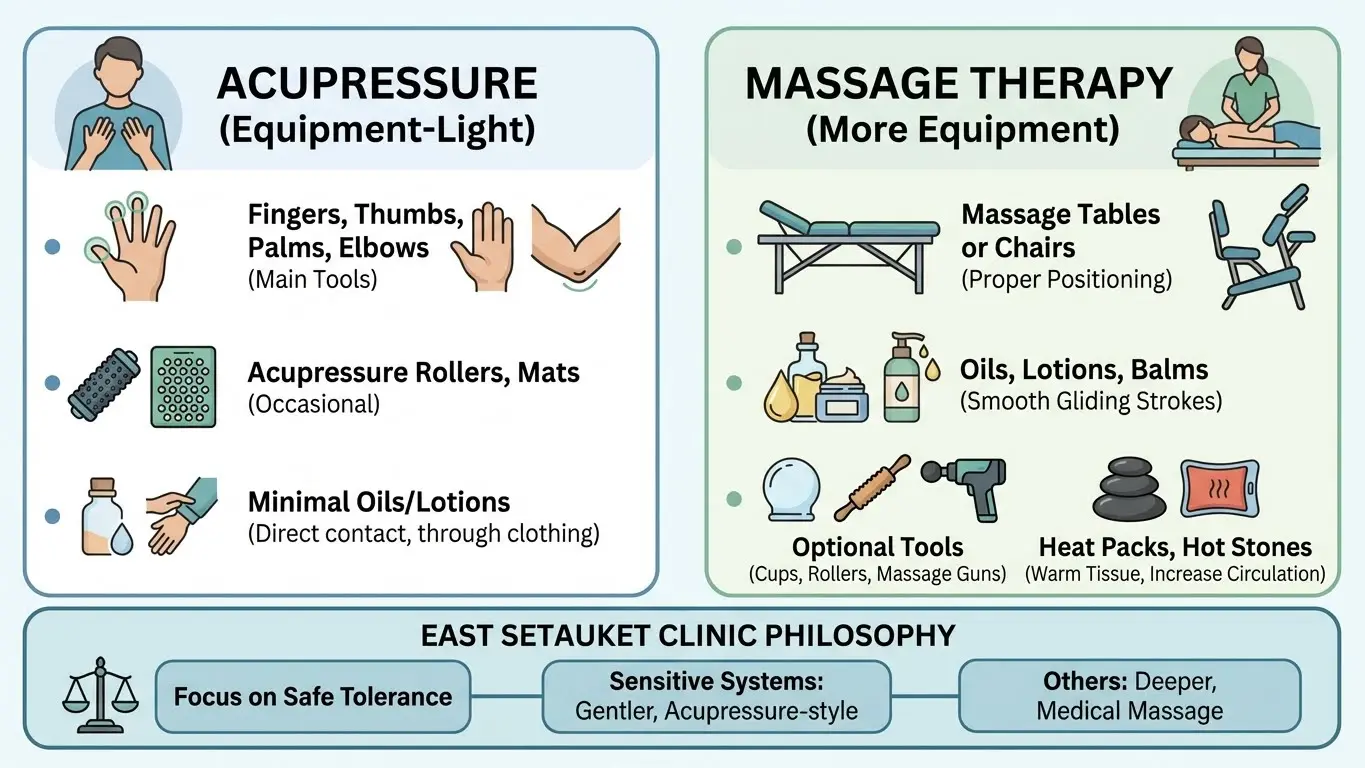 Infographic comparing acupressure and massage therapy equipment, showing tools used for each modality.
