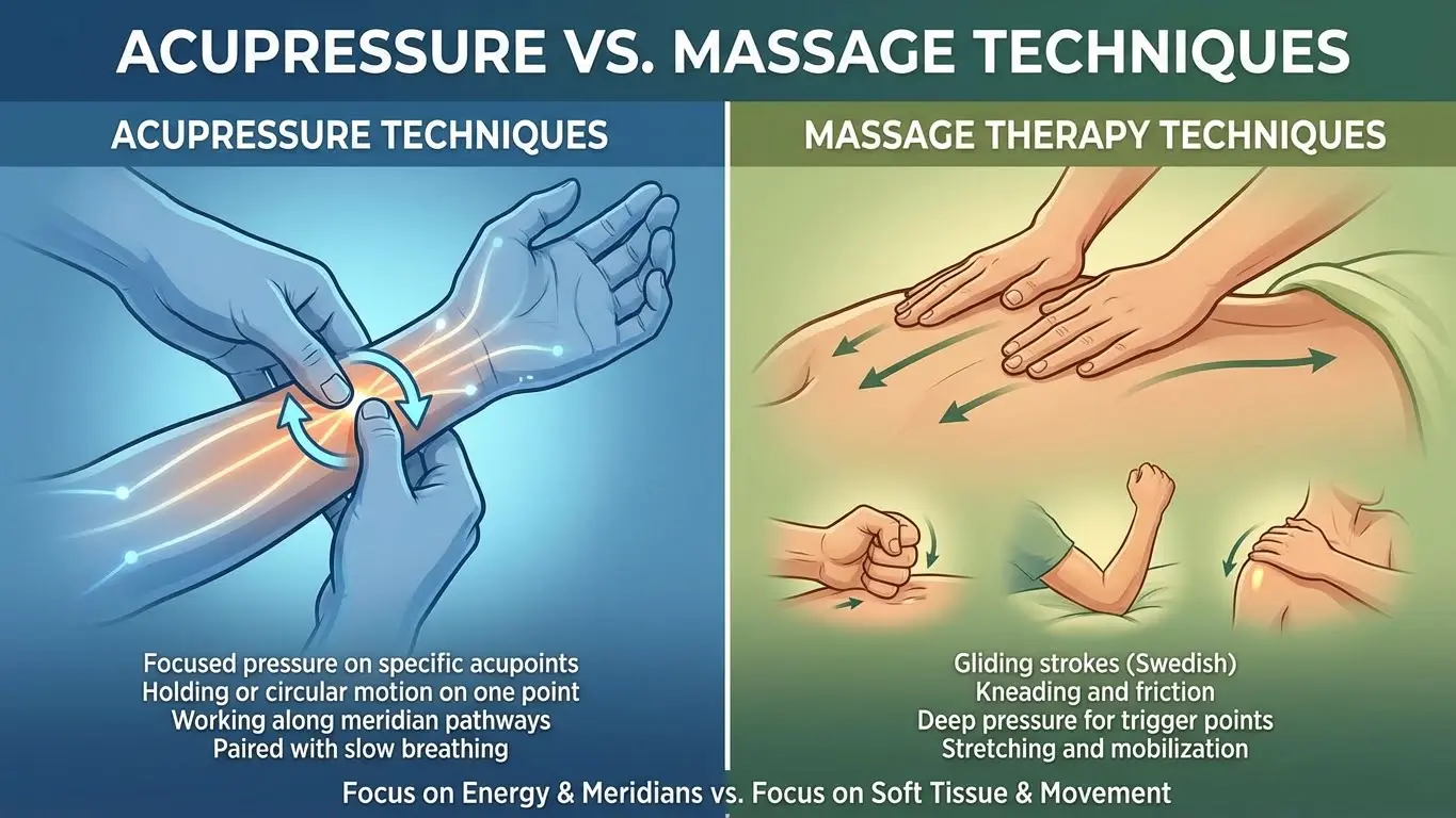 Infographic showing acupressure techniques versus massage therapy techniques with illustrated hand motions.