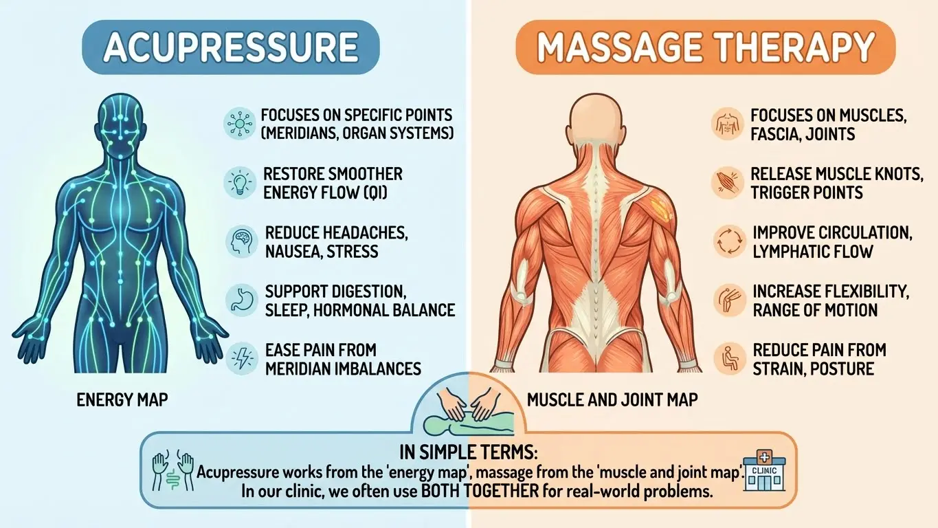 Infographic comparing acupressure and massage therapy, showing benefits, body maps, and differences in treatment focus.