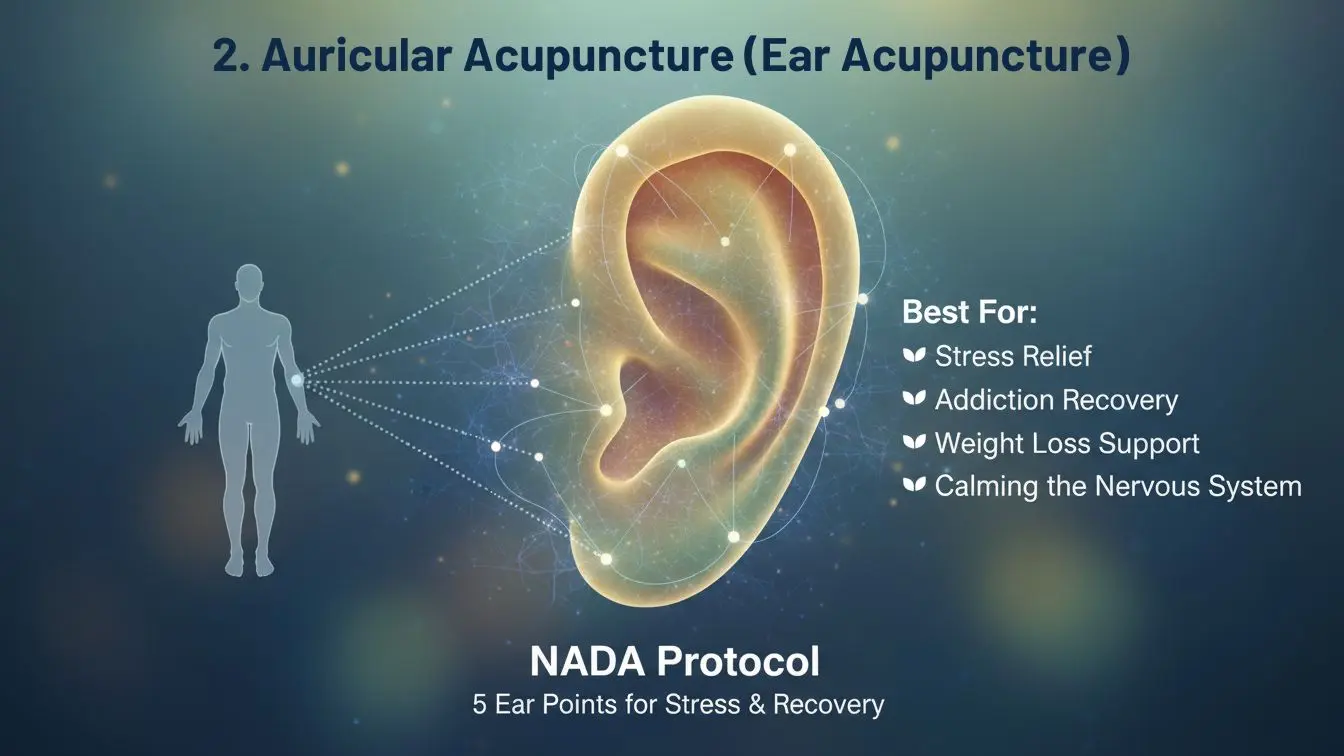 Infographic illustrating auricular acupuncture, showing ear acupoints used for stress relief, addiction recovery, weight support, and nervous system calming.