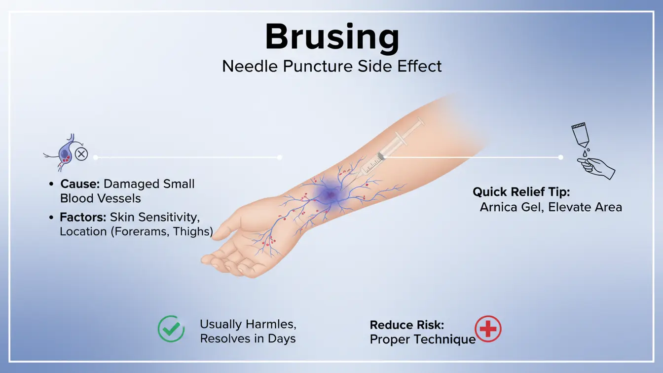 Infographic explaining bruising as a needle puncture side effect, including causes, risk factors, and relief tips.