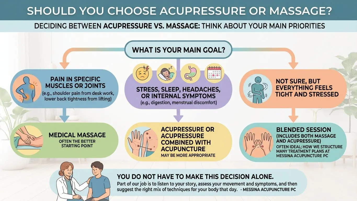 Infographic showing how to choose between acupressure and massage based on symptoms, goals, and treatment needs.