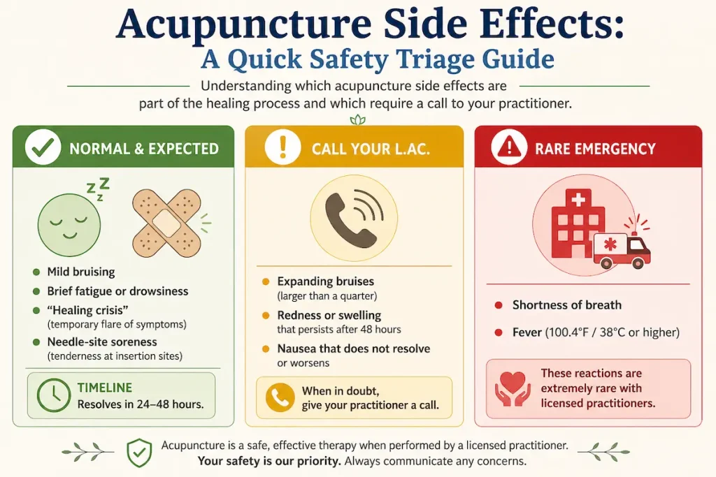 Acupuncture Side Effects Explained: What's Normal, What's Not, and When to Call Your Practitioner 2 three-part triage chart explaining acupuncture side effects. The first section lists normal reactions (fatigue, soreness, light bruising) that resolve within 48 hours. The second section identifies acupuncture side effects that warrant a call to a provider, such as persistent dizziness. The final section highlights rare but serious risks like shortness of breath, emphasizing the importance of seeing a licensed acupuncturist to ensure a high safety profile