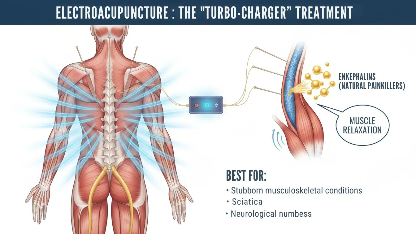 Infographic showing electroacupuncture treatment with electrical stimulation to relax muscles and relieve chronic pain conditions.