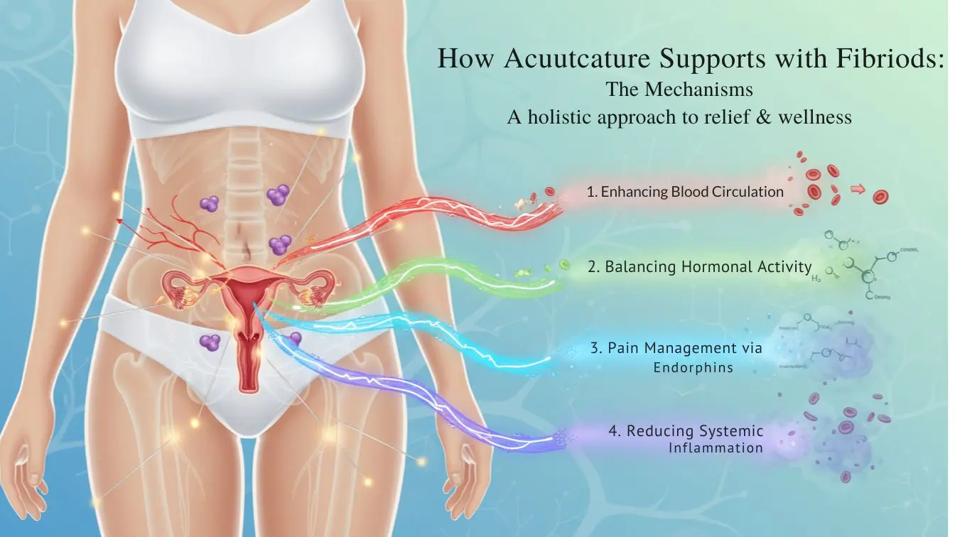 Infographic showing how acupuncture may support fibroid-related symptoms through circulation, hormone balance, pain relief, and inflammation reduction.