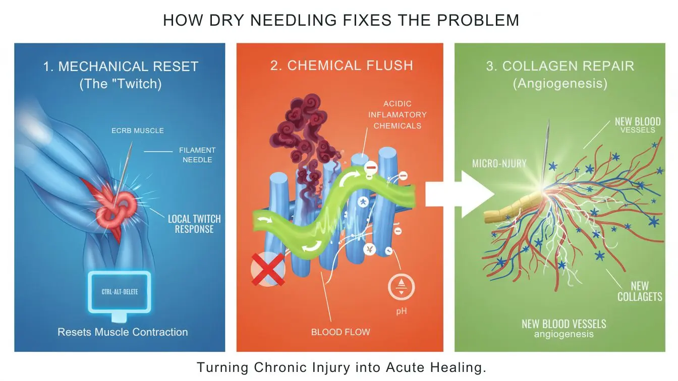 Infographic explaining how dry needling works through mechanical muscle reset, chemical flush, and collagen repair via angiogenesis.