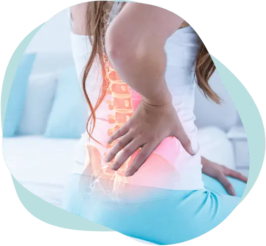 Woman with highlighted spine holding her lower back in pain, representing acupuncture treatment in East Setauket NY