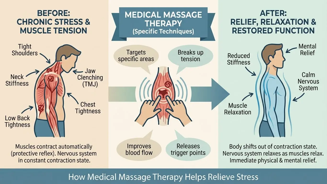 Diagram showing how medical massage reduces stress, muscle tension, and improves relaxation