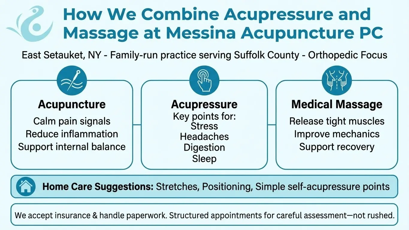Infographic showing how Messina Acupuncture PC combines acupuncture, acupressure, and medical massage for patient care.