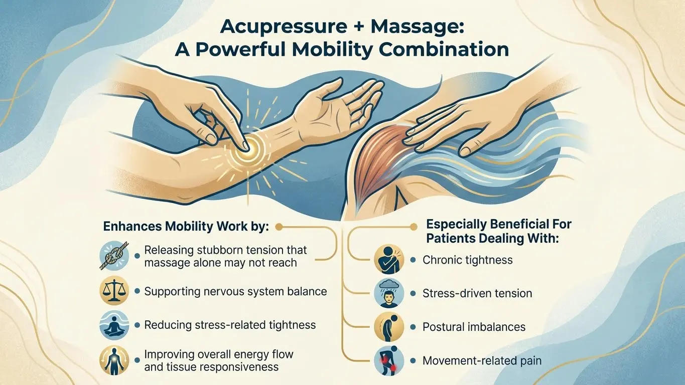 Infographic explaining how acupressure plus massage improves mobility and helps chronic tension and pain.