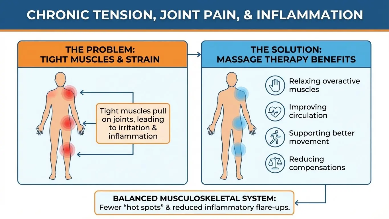 Infographic showing how tight muscles cause joint pain and how massage reduces strain, inflammation, and tension.