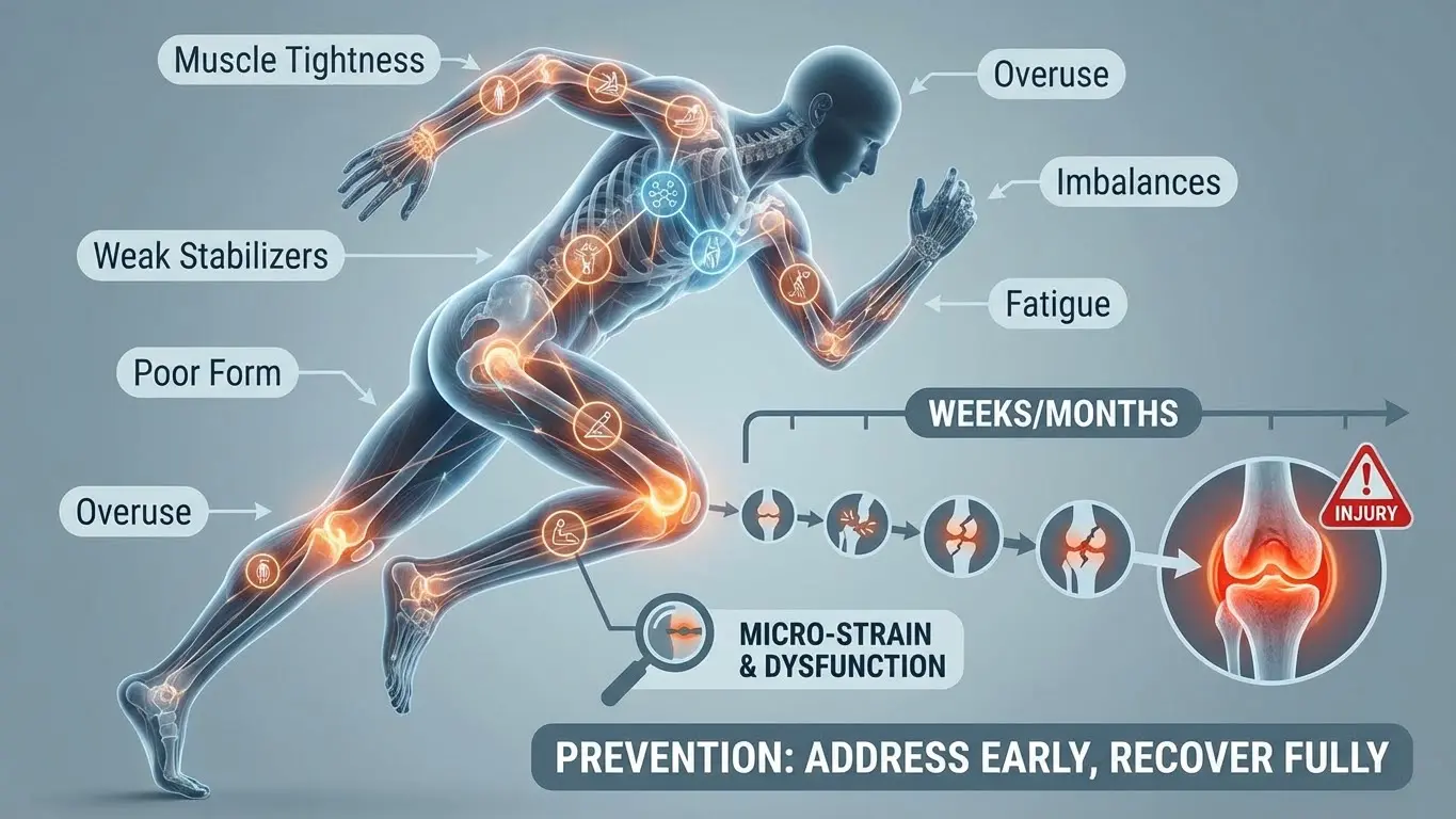 Infographic showing micro-strain, muscle tightness, imbalances, and injury progression in the body.
