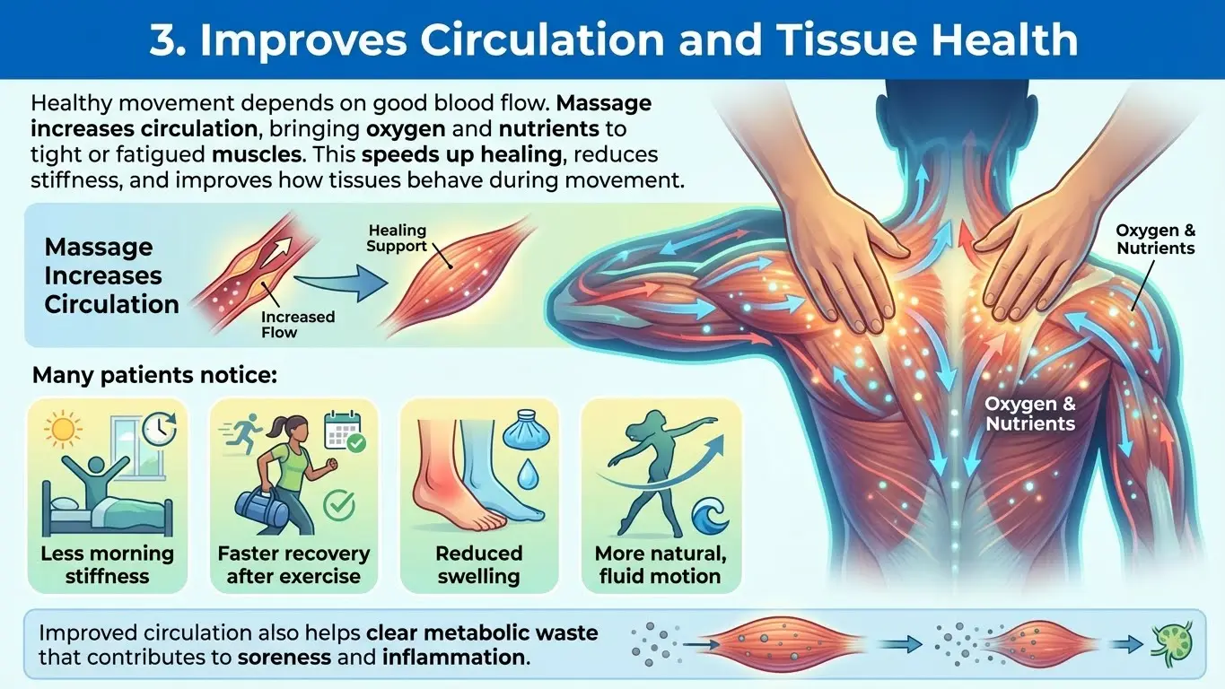 Infographic showing how massage increases circulation, supports healing, and reduces stiffness in tissues.