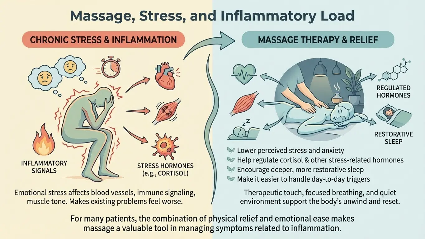 Infographic showing how massage reduces stress, inflammation, and supports hormone regulation and sleep.