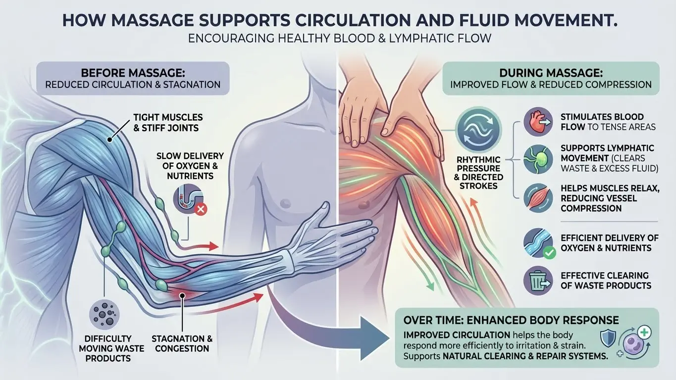 Infographic showing how massage improves circulation, lymphatic flow, and oxygen delivery in tissues.