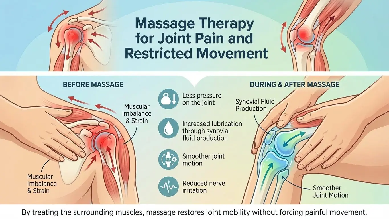 Infographic showing how massage therapy reduces joint pain, improves mobility, and decreases strain.