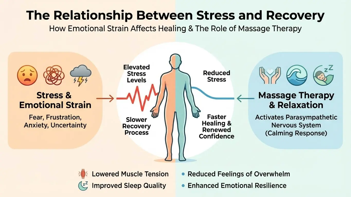 Infographic showing how stress slows recovery and how massage therapy activates the calming response.