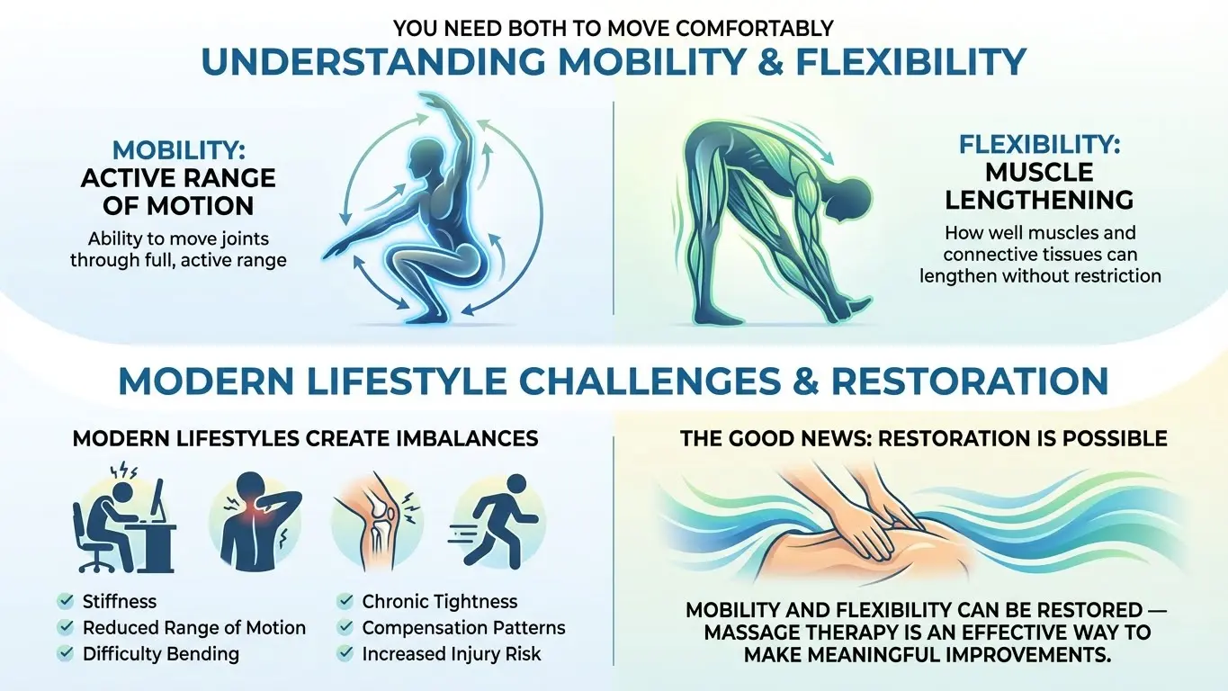 Infographic explaining mobility vs flexibility, lifestyle imbalances, and how therapy restores movement.