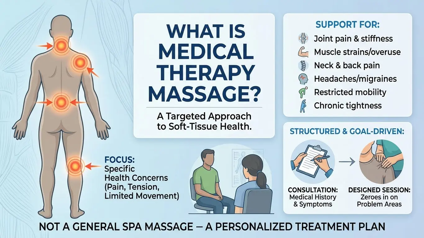 Infographic defining medical therapy massage and conditions it supports, like joint pain and mobility issues.