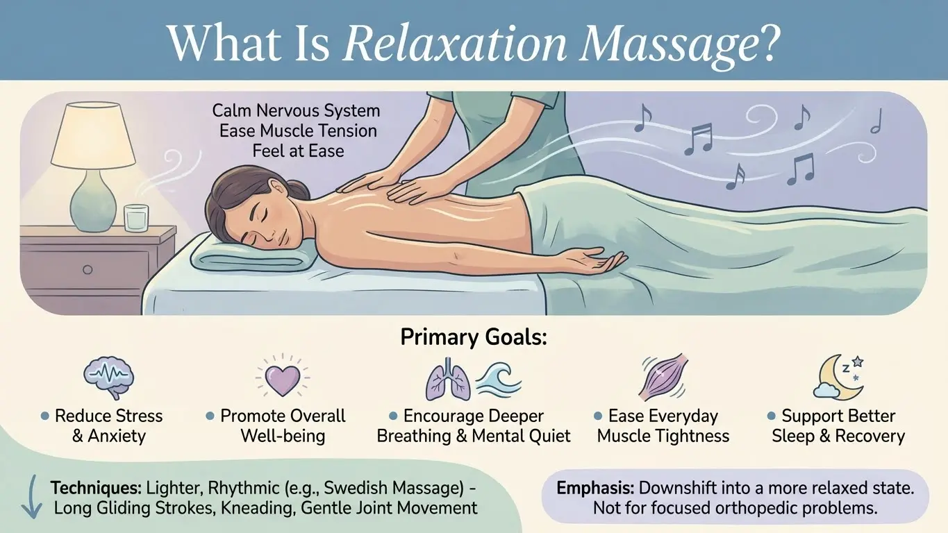 Infographic explaining relaxation massage, techniques used, and key goals like easing tension and stress.