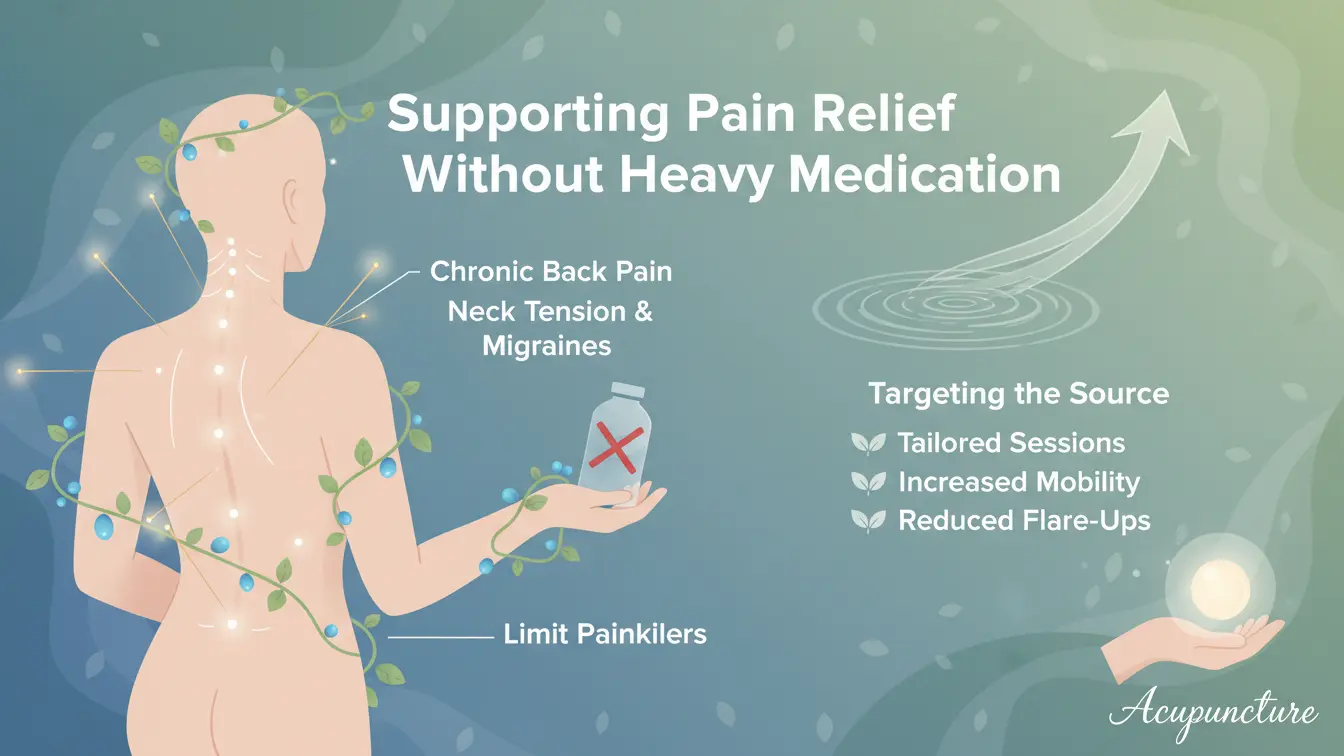 Illustration showing acupuncture supporting pain relief without heavy medication, targeting chronic pain, tension, and migraines.
