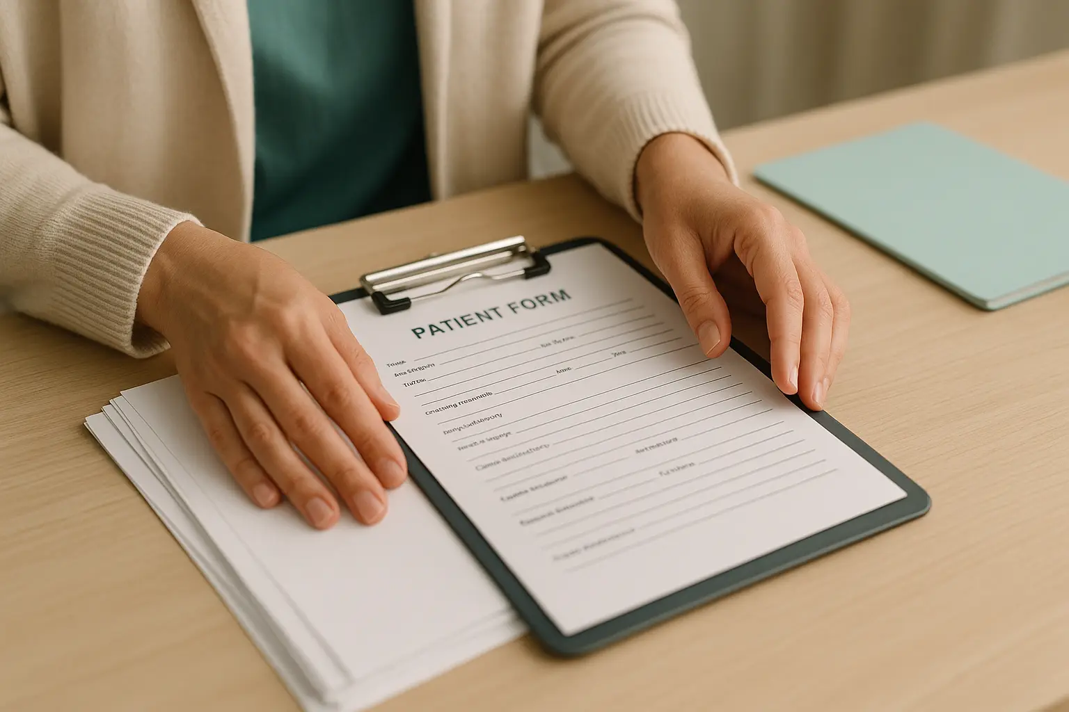 Close-up of hands holding a patient intake form on a clipboard, representing clinic check-in at Messina Acupuncture PC.