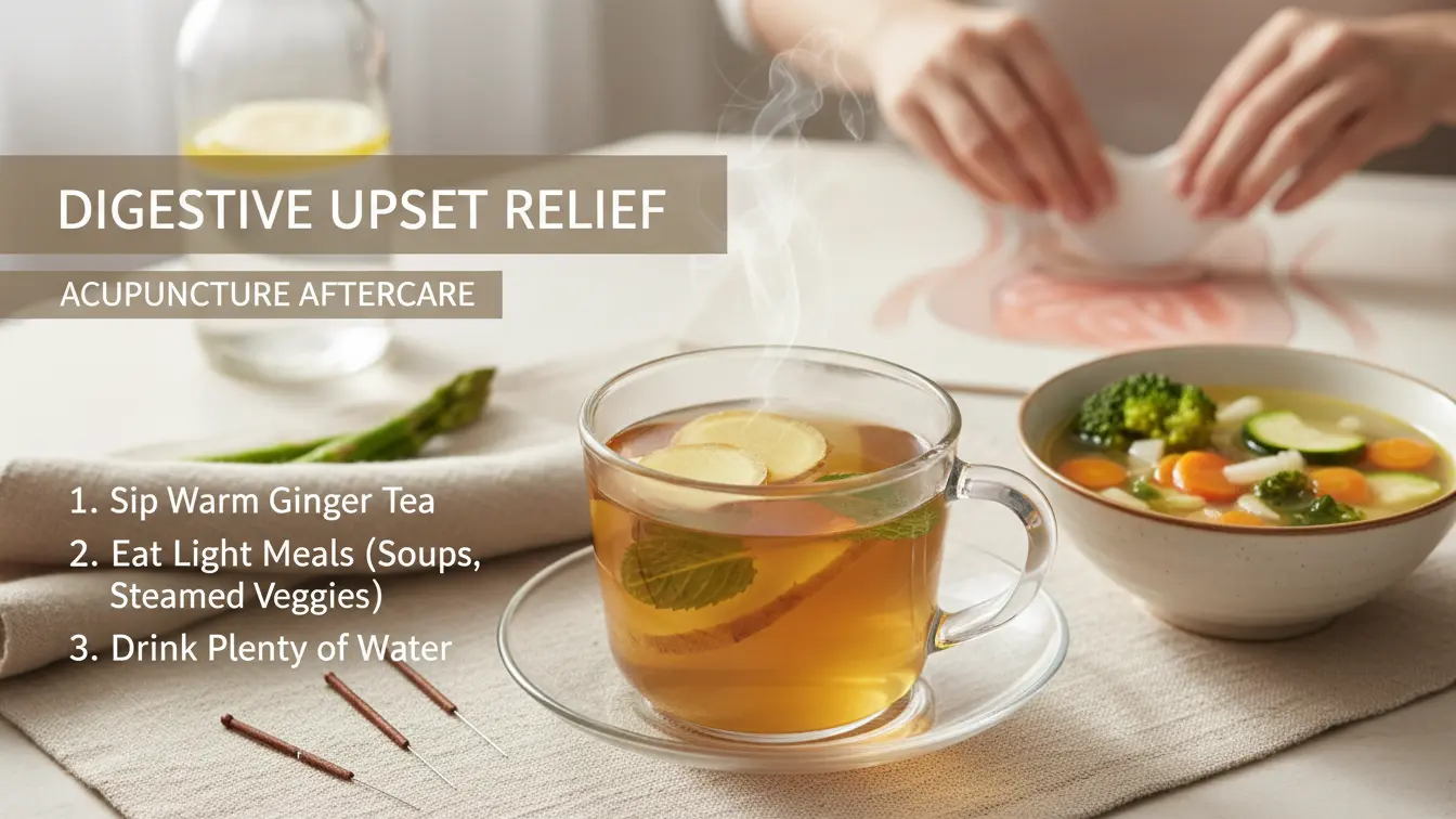 Image showing acupuncture aftercare for digestive upset, featuring warm ginger tea, light meals, and hydration tips.