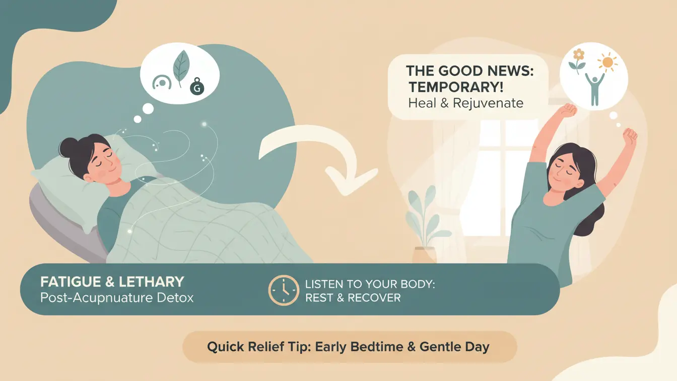 Illustration showing post-acupuncture fatigue and recovery, highlighting rest, sleep, and temporary detox symptoms.