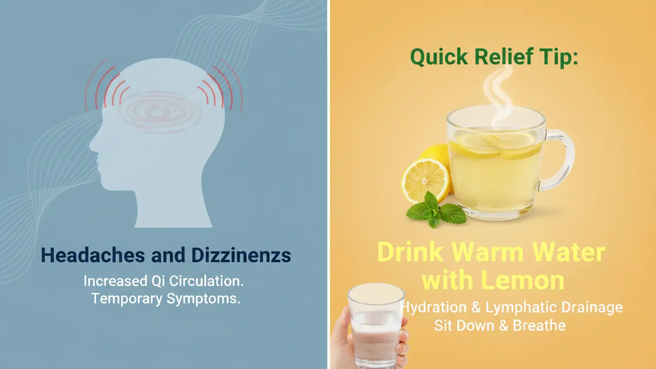 Infographic showing post-acupuncture headaches and dizziness with a quick relief tip of drinking warm lemon water.