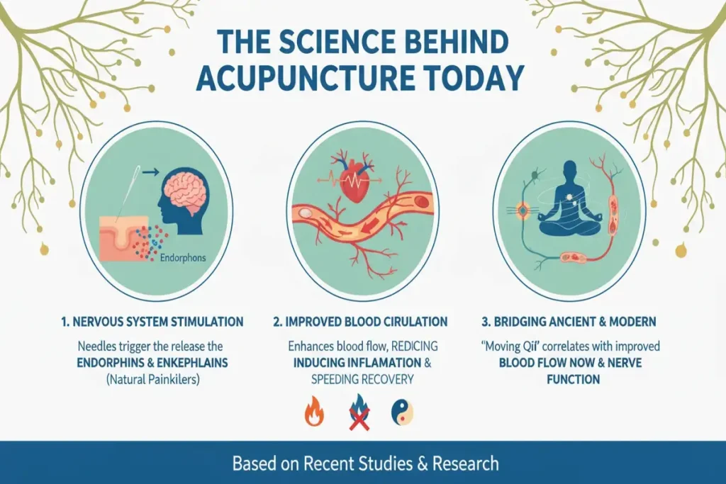Infographic explaining the science behind acupuncture, including nervous system stimulation, improved circulation, and pain relief mechanisms.